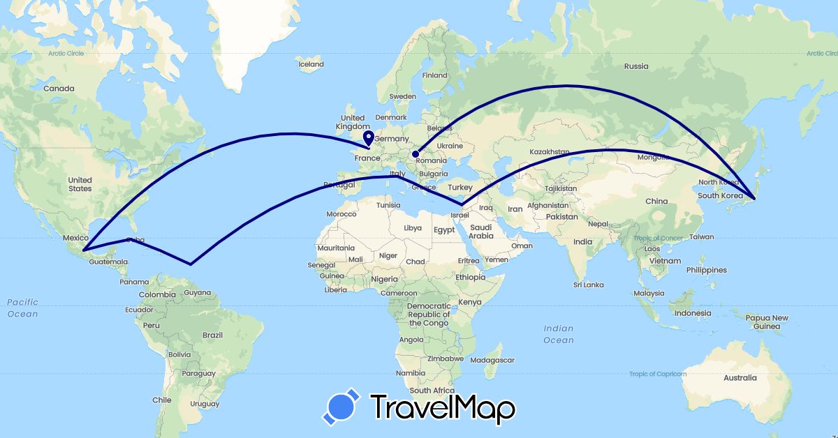 TravelMap itinerary: driving in Cuba, France, Greece, Hungary, Italy, Japan, Lebanon, Martinique, Mexico (Asia, Europe, North America)